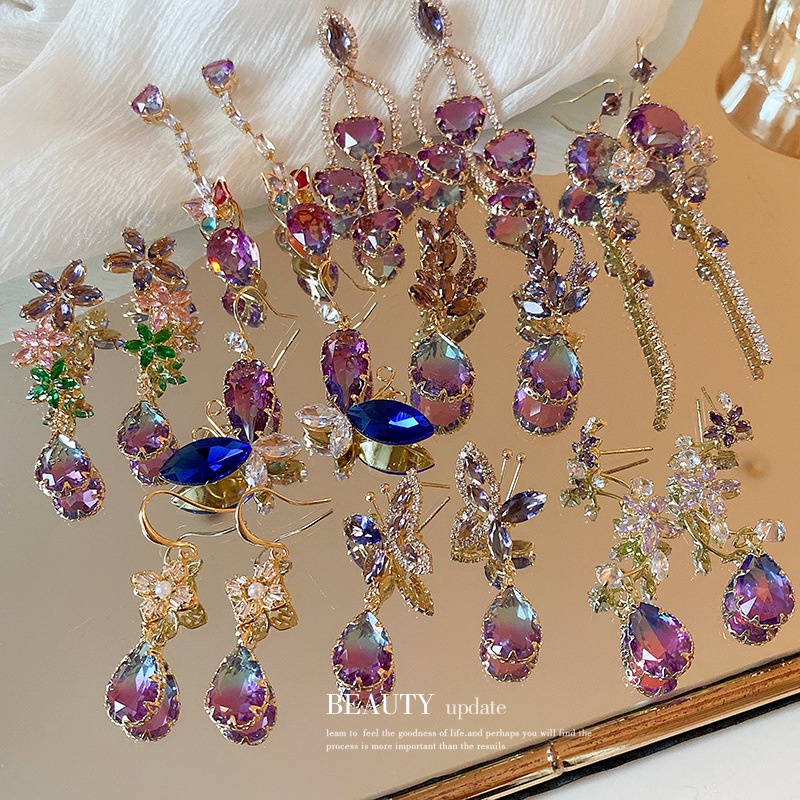 Bông Tai Tua Rua Hình Giọt Nước Đính Đá Zircon Tím Sang Trọng Phong Cách Hàn Quốc