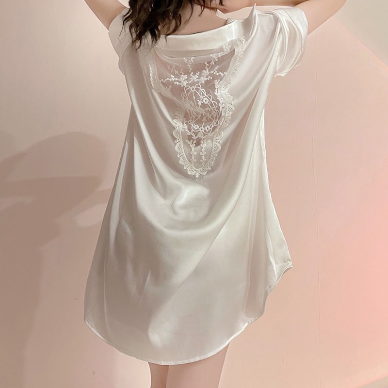 Đầm Ngủ Vải Lụa Lạnh Mỏng Tay Ngắn Phối Ren Hở Lưng Thời Trang Mùa Hè Cho Nữ