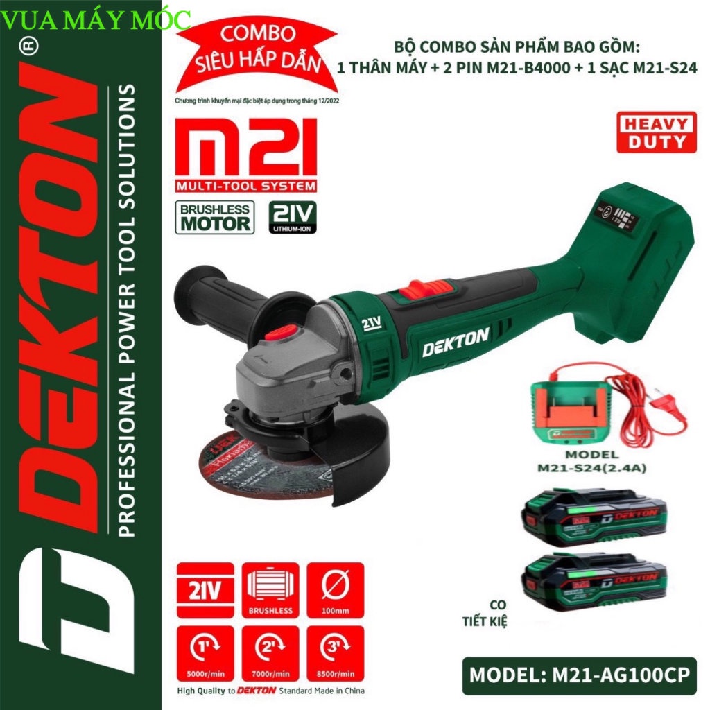 Máy Mài Compact Dùng Pin Dekton 100mm KHÔNG CHỔI THAN / M21-AG100CP / Chân Pin Phổ Thông VUA MÁY MÓC