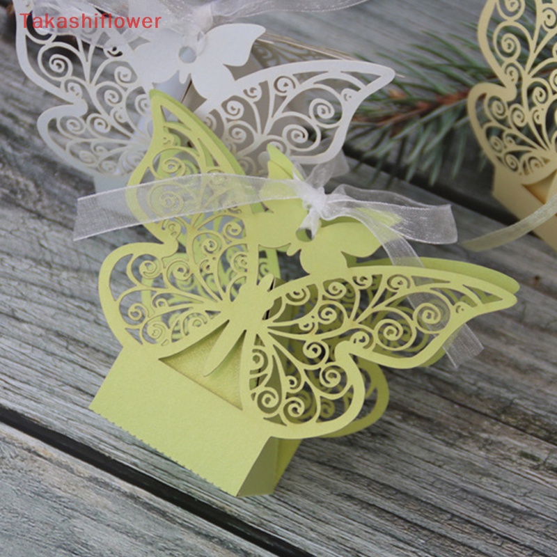 Set 10 Hộp Đựng Kẹo Cưới Thiết Kế Rỗng Họa Tiết Bươm Bướm Kèm Dây Ruy Băng Xinh Xắn