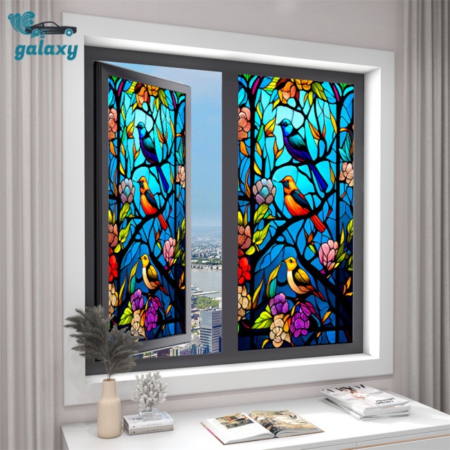 Galaxy Miếng Dán Cửa Kính Chống Tia Uv Không Dính Họa Tiết Hoa Và Chim Nhiều Màu Sắc