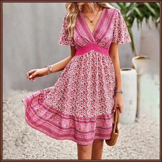 Đầm Dáng Chữ A Tay Ngắn Cổ Chữ V Thoáng Khí Thân Thiện Với Làn Da Họa Tiết Hoa Phong Cách Boho Cho Nữ