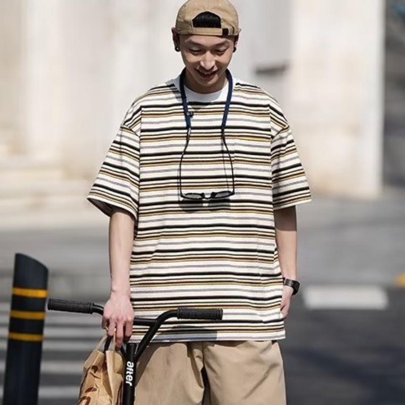 Áo Thun Cotton Ngắn Tay Họa Tiết Kẻ Sọc Thời Trang Mùa Hè Mẫu Mới Dành Cho Nam