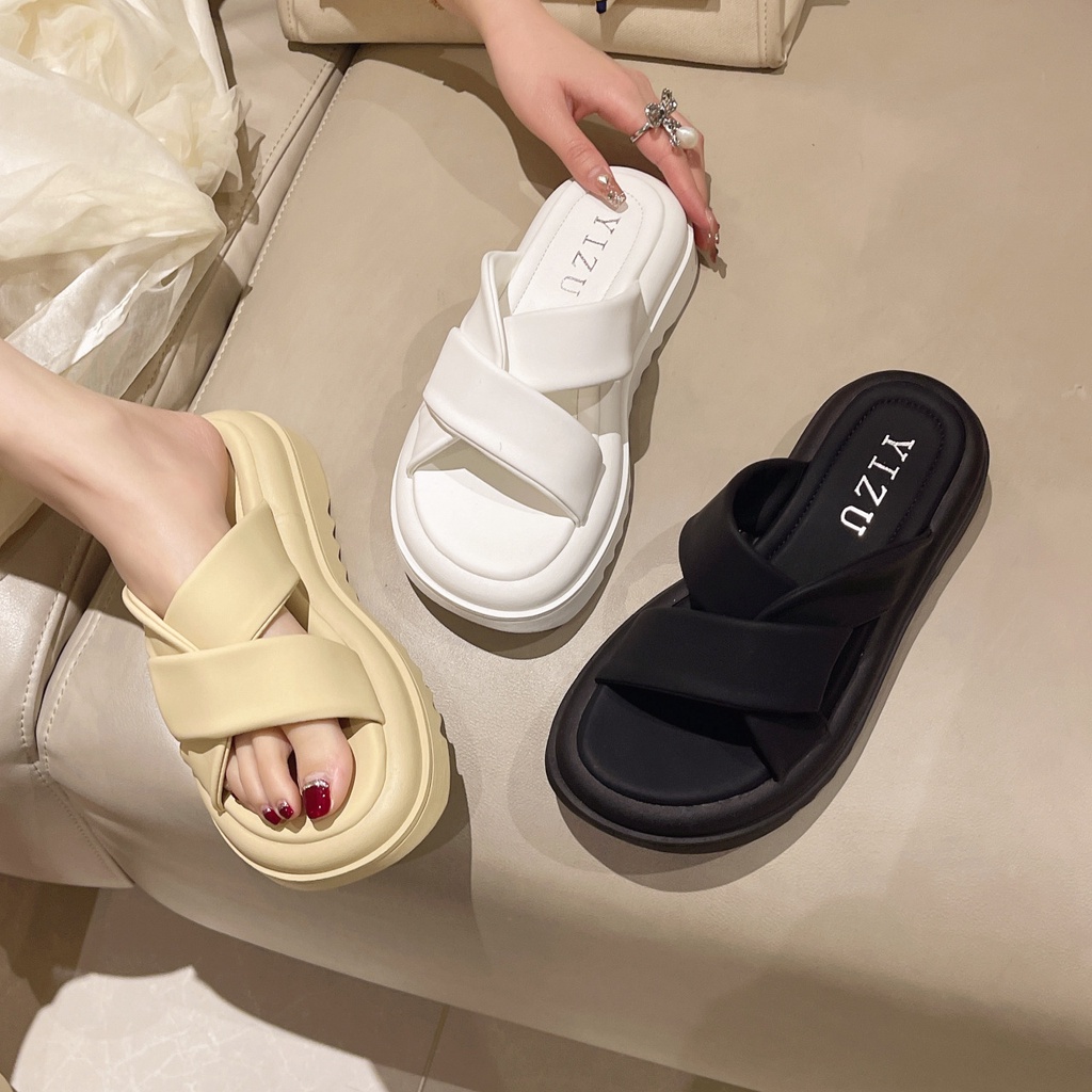 Dép Sandal Đế Dày Mũi Tròn Phong Cách Hàn Quốc Thời Trang Đi Biển Mùa Hè Cho Nữ
