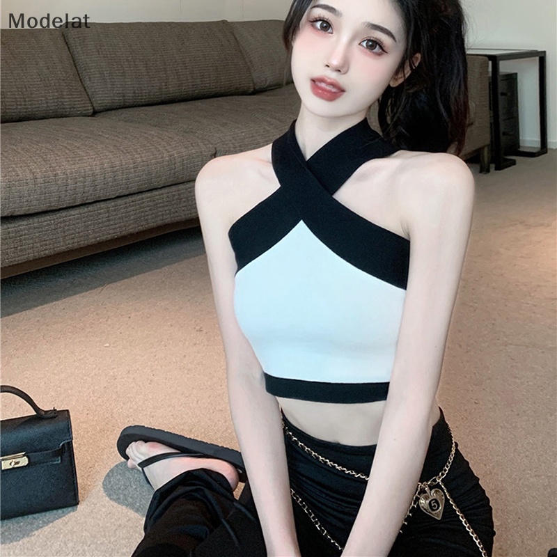 Áo Dệt Kim Sát Nách Màu Sắc Tương Phản Thời Trang Mùa Hè Quyến Rũ Cho Nữ