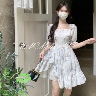   Đầm Dáng Chữ A Tay Phồng Họa Tiết Hoa Ngọt Ngào Phong Cách Pháp Cho Nữ