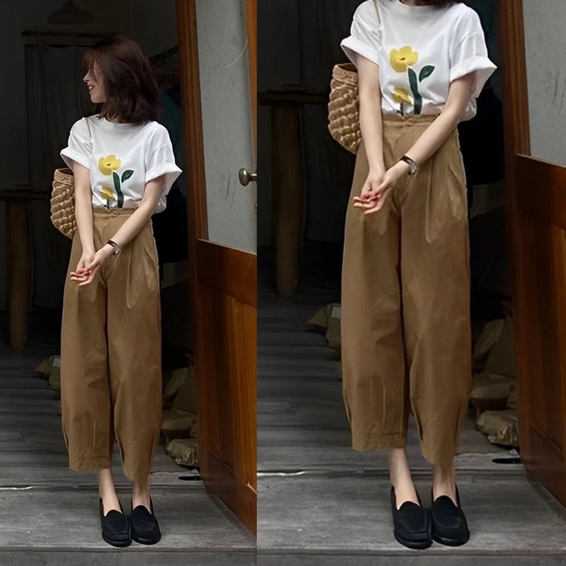 Áo Thun 100% Cotton Tay Ngắn Cổ Tròn In Họa Tiết Phong Cách Hàn Quốc Cho Nữ