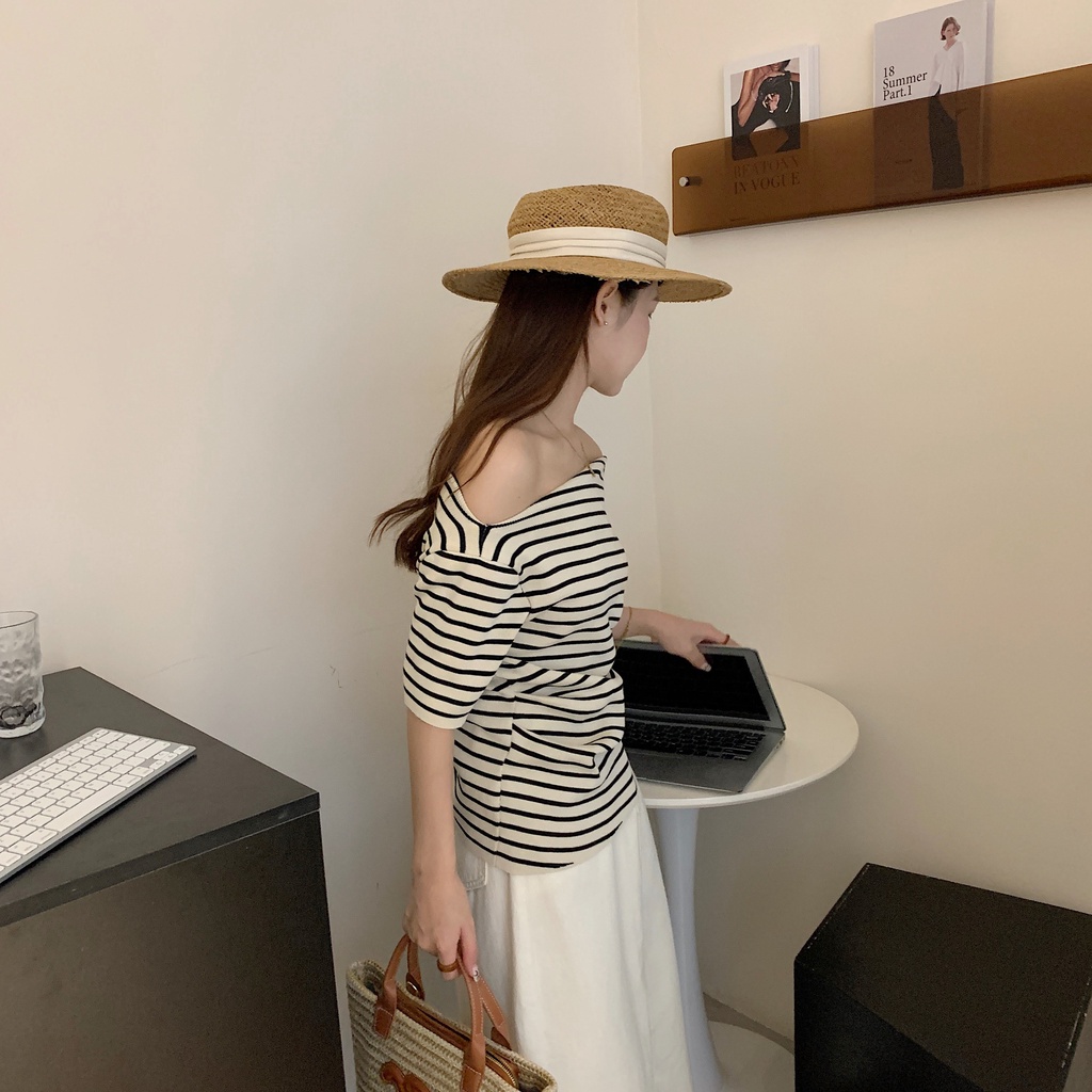 Áo Thun Tay Ngắn Kẻ Sọc Một Đường Kẻ Ôm Dáng Vừa Vặn Mùa Hè Hàn Quốc Cho Nữ