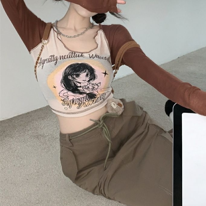 Áo baby tee Thun croptop Lửng Tay Dài Dáng Ôm Màu Sắc Tương Phản Thời Trang Cho Nữ