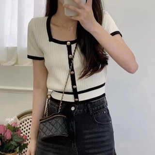 Suxi áo thun dệt kim tay ngắn dáng ôm phong cách vintage dành cho nữ
