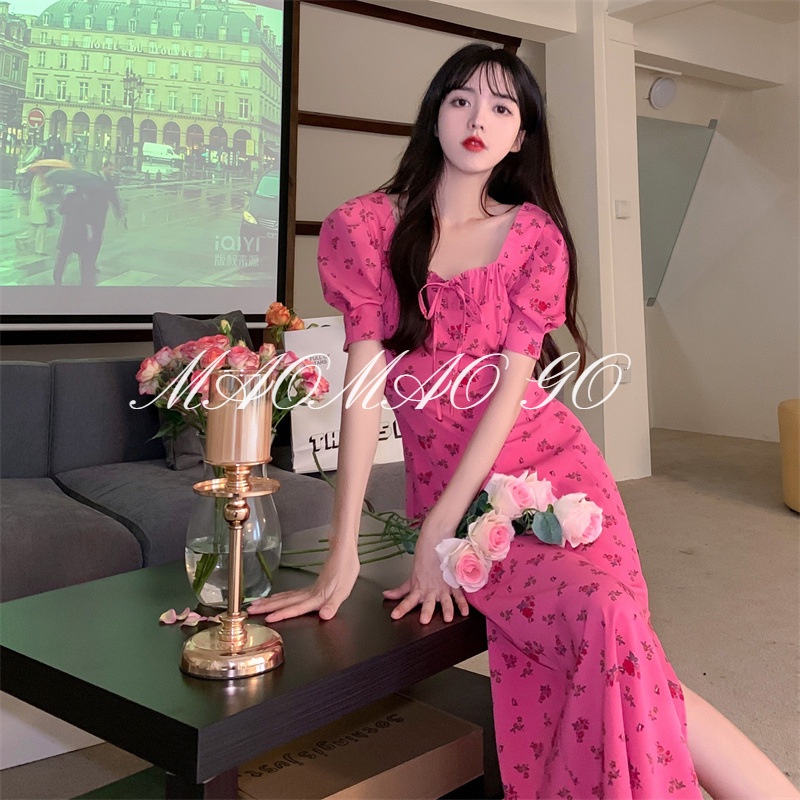 Maomao GO Bộ Áo Liền Quần Tay Phồng Họa Tiết Hoa Phong Cách Anh Quốc Cổ Điển Đường Phố Pháp Nhẹ Nhàng Xẻ Tà Nhẹ Nhàng Dành Cho Nữ