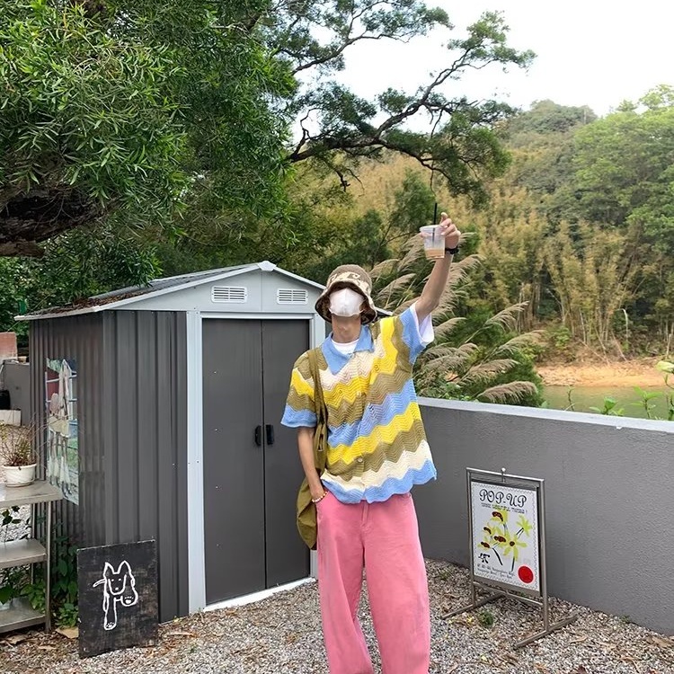 Áo polo Dệt Kim Tay Ngắn Dáng Rộng Họa Tiết Kẻ Sọc Màu Sắc Tương Phản Thời Trang Mùa Hè Cho Nữ