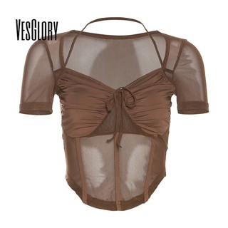 VesGlory Áo Sơ Mi Nữ Màu Trơn Slim Fit Cổ Vuông Lưới Nối Tay Ngắn