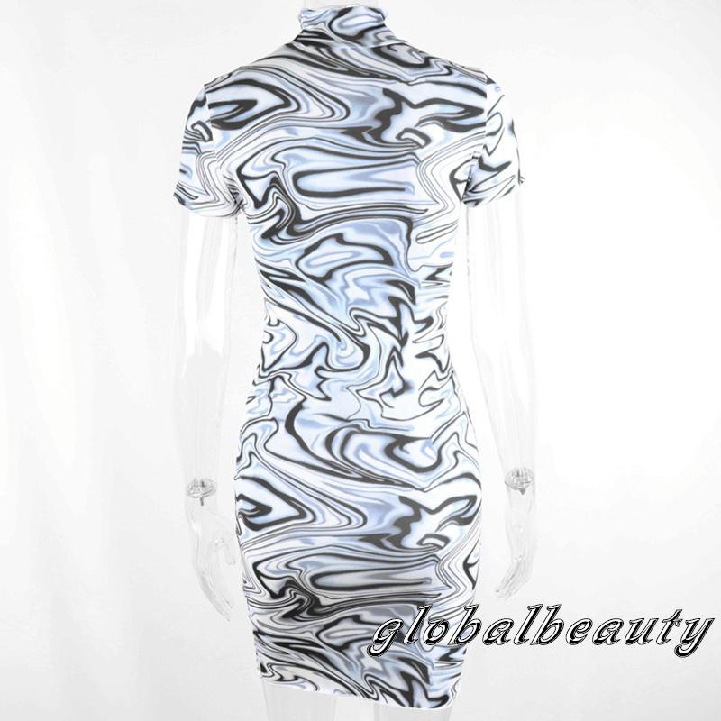 Đầm Tay Ngắn Cổ Cao Dáng Ôm In Họa Tiết Gợn Sóng Thiết Kế Đơn Giản Thời Trang Quyến Rũ Cho Nữ