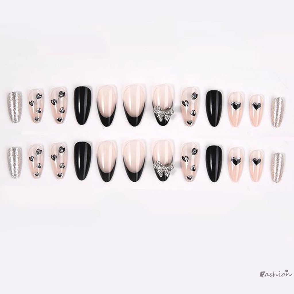 Móng Tay Giả Chống Nhòe Màu Tối Đính Nơ Xinh Xắn