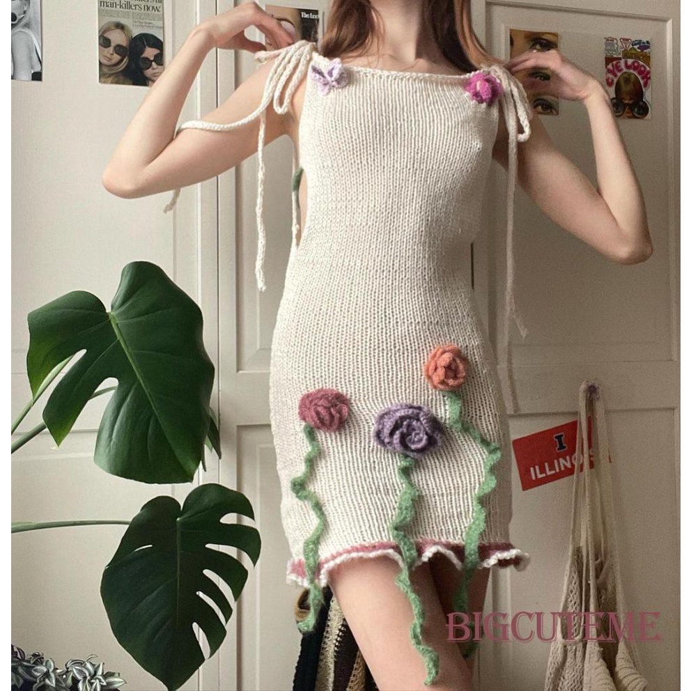 [] [] Đầm Dệt Kim Hai Dây Không Tay Thắt Nơ In Hoa Mùa Hè Cho Nữ