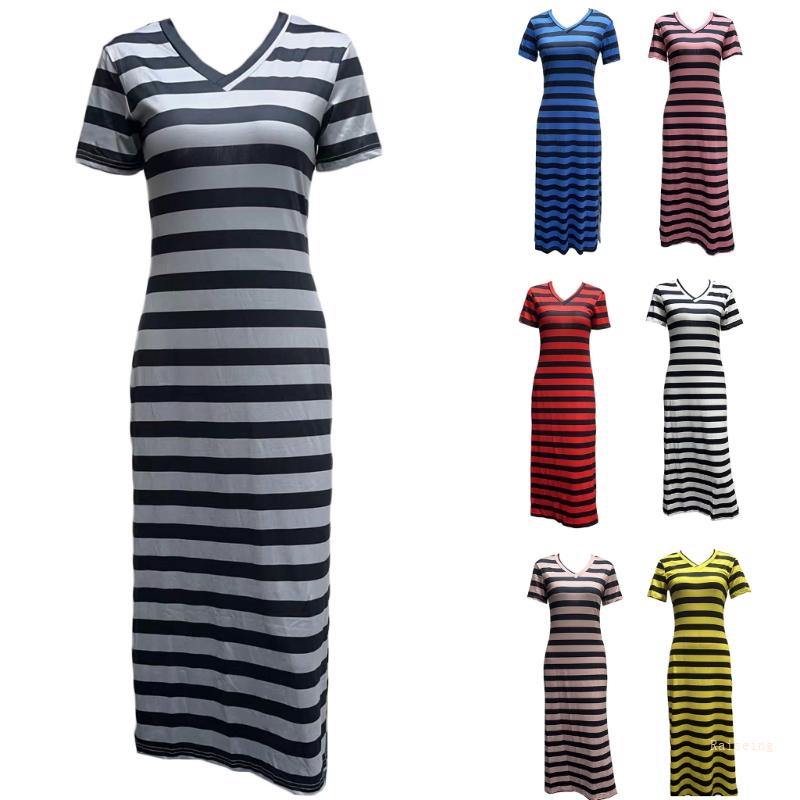 Đầm Dài Xẻ Tà Tay Ngắn Cổ Chữ V Họa Tiết Kẻ Sọc Thời Trang Mùa Hè Quyến Rũ Cho Nữ