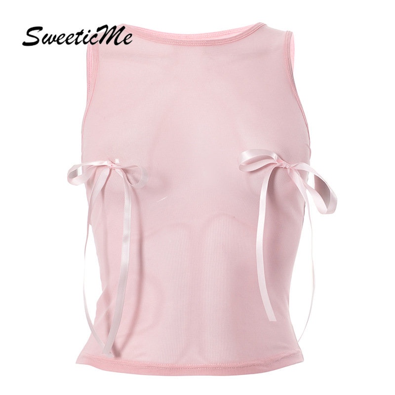 Áo Tank Top Cổ Tròn Dáng Ôm Màu Trơn Đính Nơ Thời Trang 2023 Cho Bạn Gái