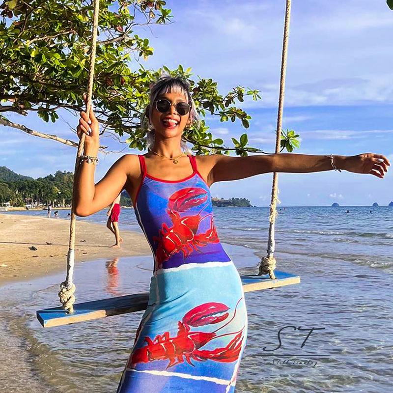 Đầm Hai Dây Dáng Dài Họa Tiết Tôm Hùm Thời Trang Mùa Hè CY03 Cho Nữ