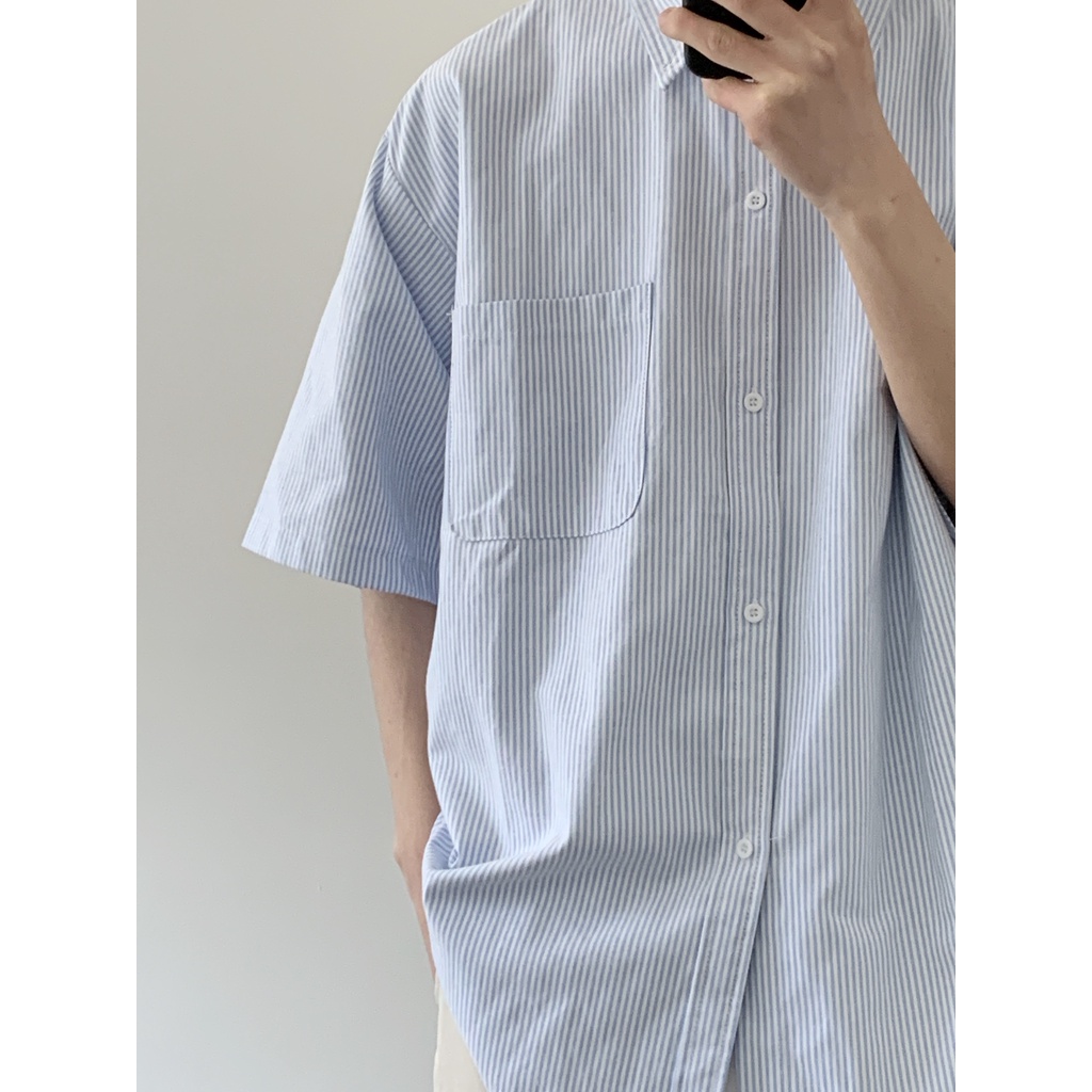 Áo Sơ Mi Ngắn Tay Dáng Rộng Họa Tiết Sọc Thời Trang Mùa Hè Nhật Bản Dành Cho Nam