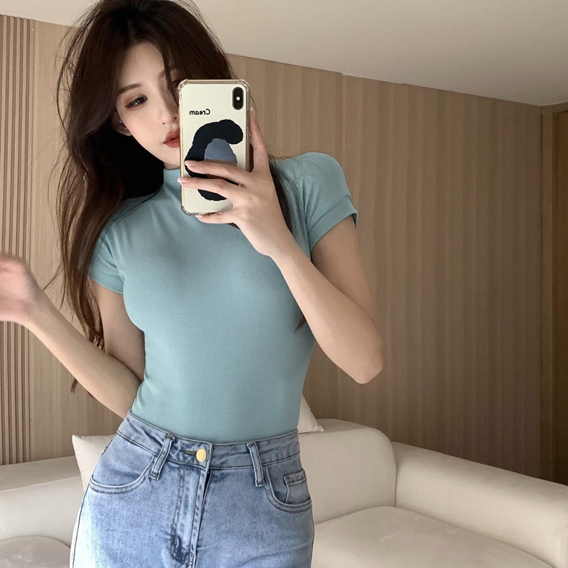 Áo Thun Màu Trơn Dáng Ôm Thời Trang Hàn Quốc Cho Nữ