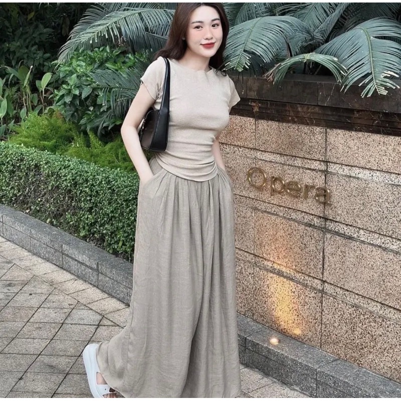 Set bộ nữ Tăm Gân Buộc Sau Dày Dặn Mix Quần Đũi Xước Giả Váy, quần ống rộng trẻ trung cá tính, Set bộ ống sớ rẻ đẹp sang