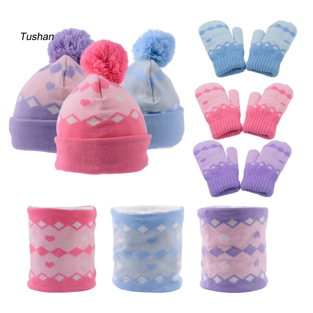 1 Bộ Mũ Len Và Găng Tay Họa Tiết Hình Học Đính Bóng Lông Thời Trang Thu Đông Cho Bé 2-6 Tuổi