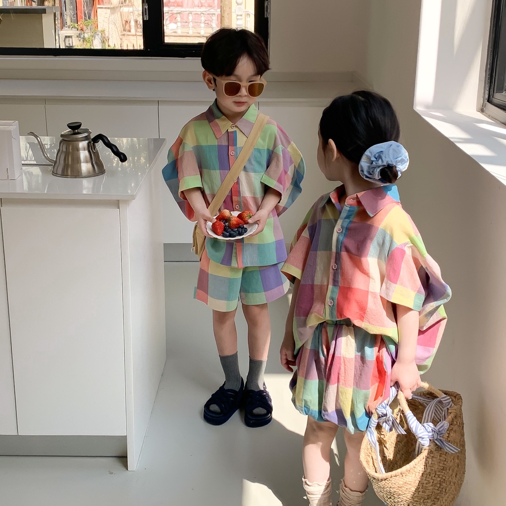 Set Áo Sơ Mi Kẻ Sọc Caro Nhiều Màu Sắc Bộ đồ trẻ em bộ bé gái bộ vest bé trai