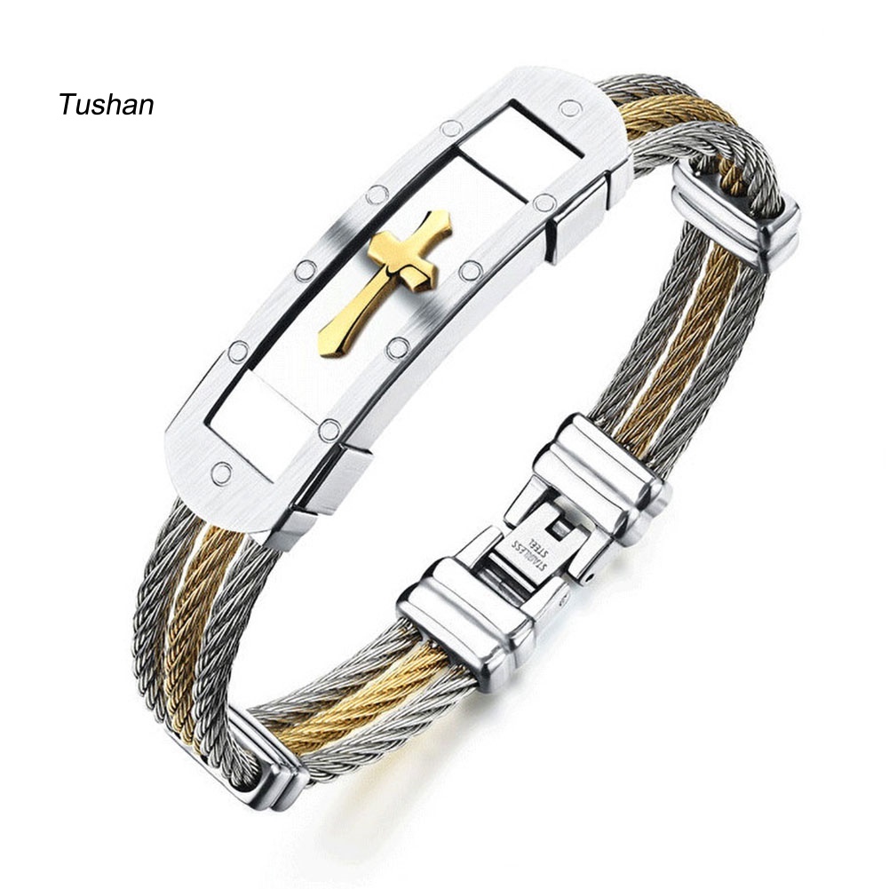 Vòng Tay Ba Lớp Mặt Thánh Giá Chất Liệu Thép Không Gỉ