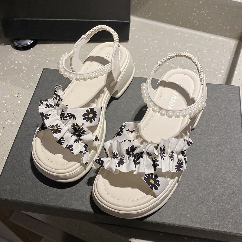 Xăng đan Đế Dày Quai Chéo Đính Hạt Ngọc Trai Đơn Giản