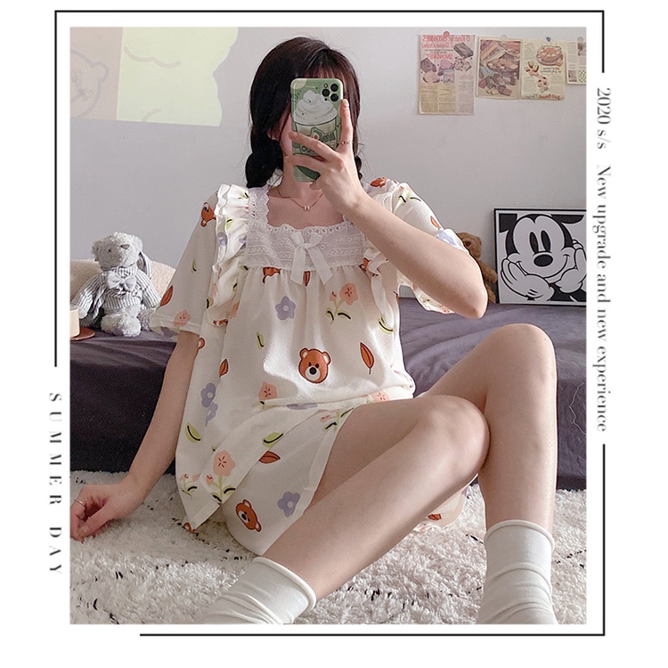Champray Bộ Đồ Ngủ Ngắn Tay Phong Cách Công Chúa Ngọt Ngào Mùa Hè Cho Nữ