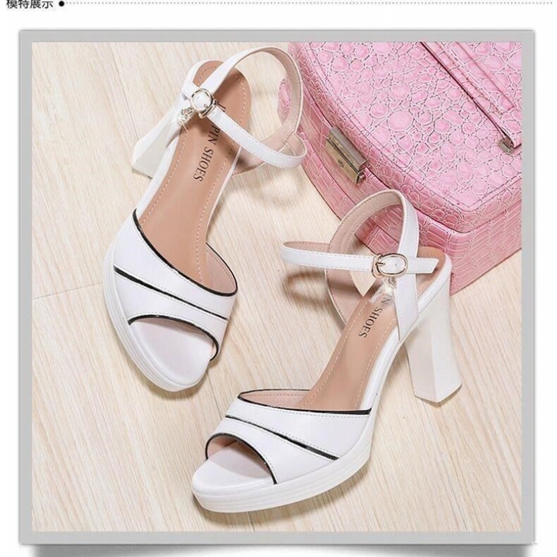 Giày Cao Gót Sandal Đế Thô Màu Trắng Thời Trang Mùa Hè 2023 Cho Nữ