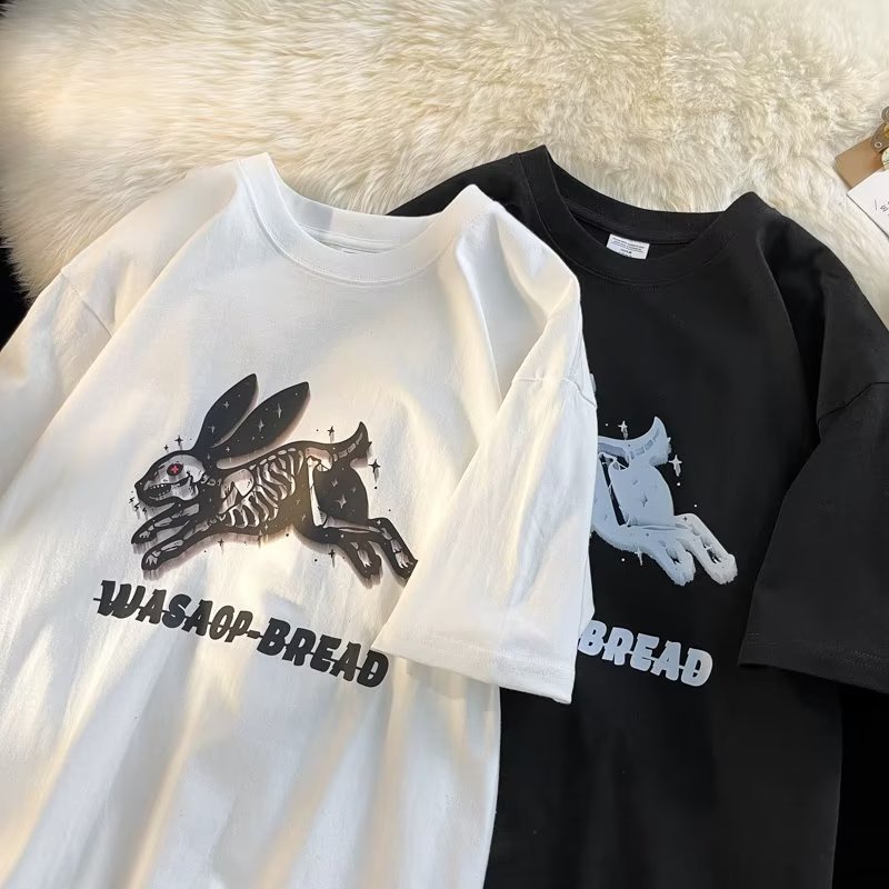 Áo Thun Cotton Tay Ngắn Dáng Rộng In Hình Thỏ Bông Màu Trơn Dễ Phối Đồ Thời Trang Mùa Hè Cho Nam Và Nữ