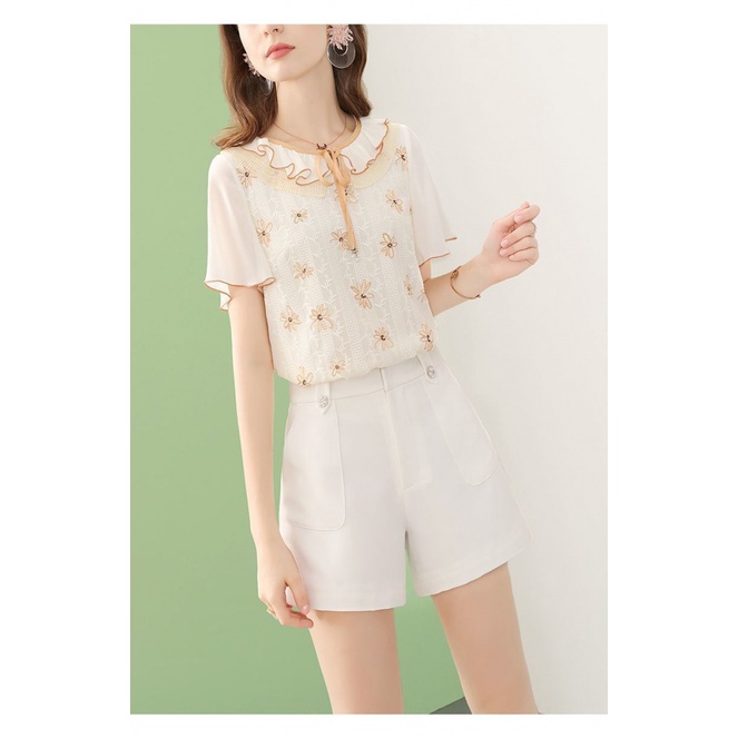 Áo Chiffon Tay Ngắn Cổ Lá Sen In Họa Tiết Thời Trang Mùa Hè Xinh Xắn Cho Nữ