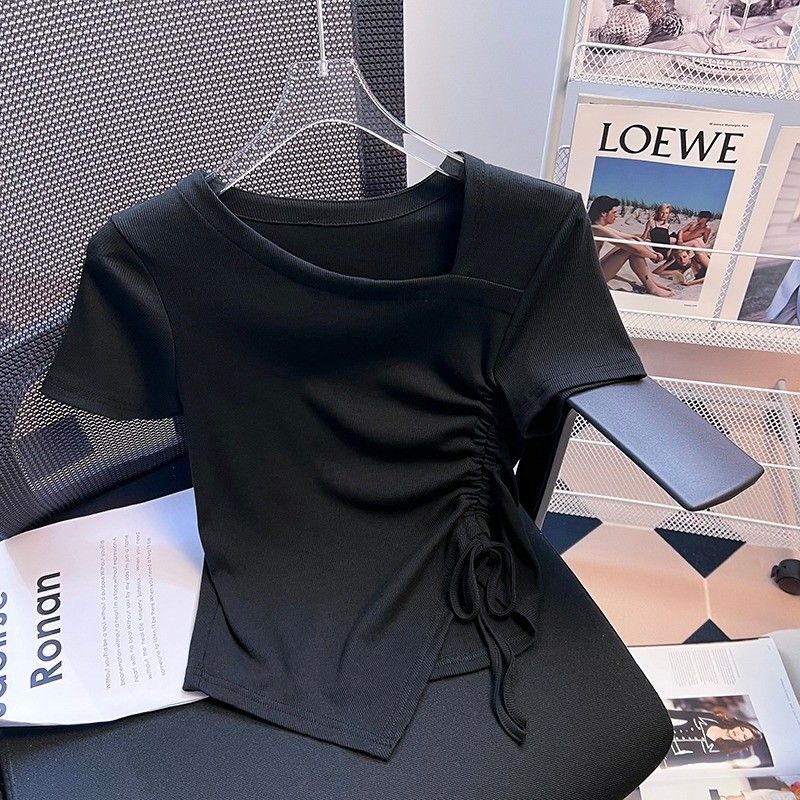 Áo Thun Tay Ngắn Phối Dây Rút Thiết Kế Lệch Tà Thời Trang Mùa Hè Cho Nữ