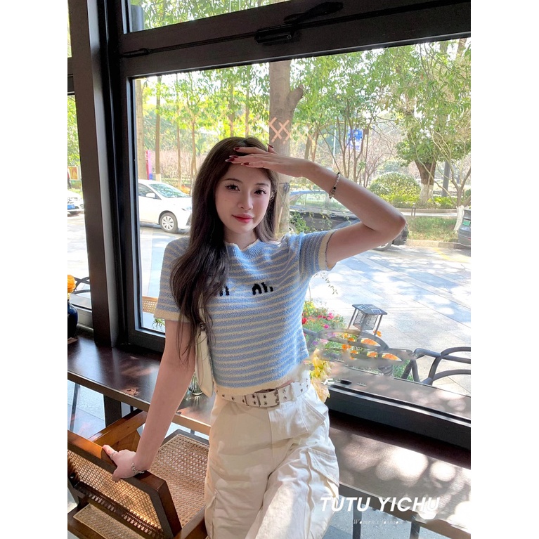 Áo Croptop Dệt Kim Họa Tiết Kẻ Sọc Màu Tương Phản Thời Trang Mùa Hè Hàng Mới Dành Cho Bạn Nữ