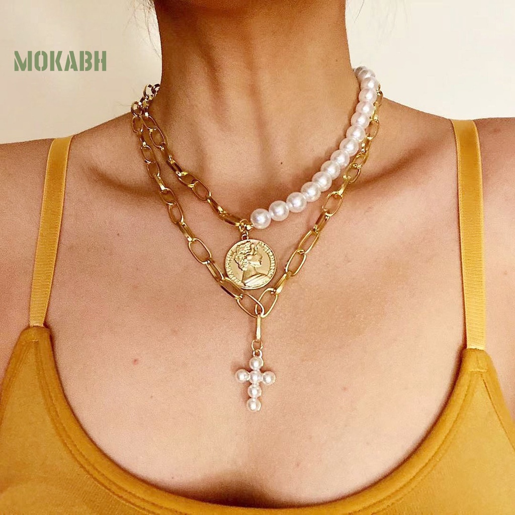 Vòng cổ Hai Lớp Đính Ngọc Trai Nhân Tạo Dây Hình Thánh Giá Có Thể Điều Chỉnh