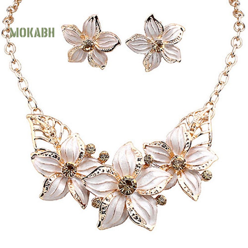 Bộ Vòng cổ + Bông Tai Đính Đá Hình Hoa Thời Trang Cho Nữ