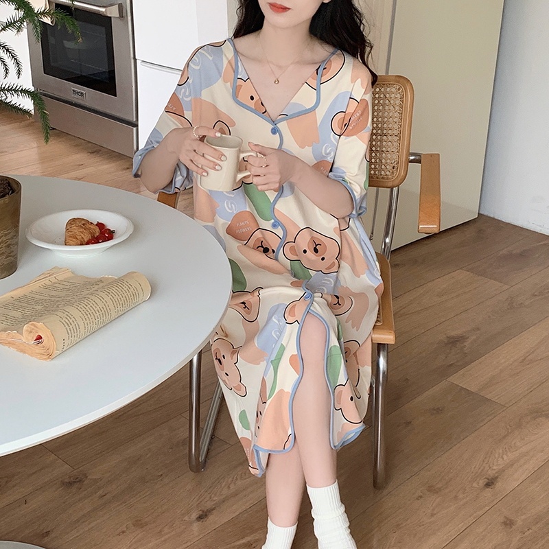 Đầm Ngủ Cotton Dáng Vừa In Họa Tiết Gấu Hoạt Hình Dễ Thương Thời Trang Mùa Hè Cho Nữ