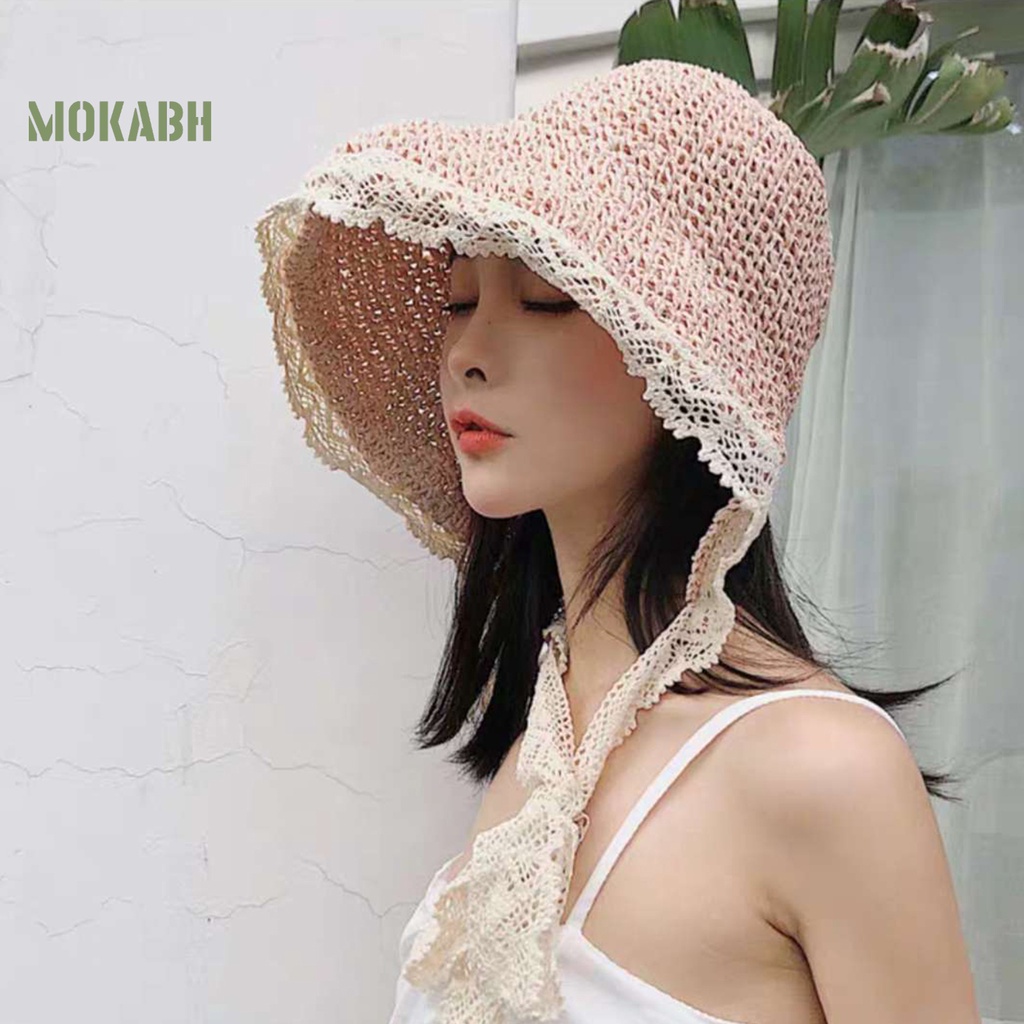 [Mok Abh] Mũ Tai Bèo Dệt Kim Vành Rộng Màu Trơn Có Dây Cột Chống Nắng Phong Cách Đồng Quê Cho Nữ