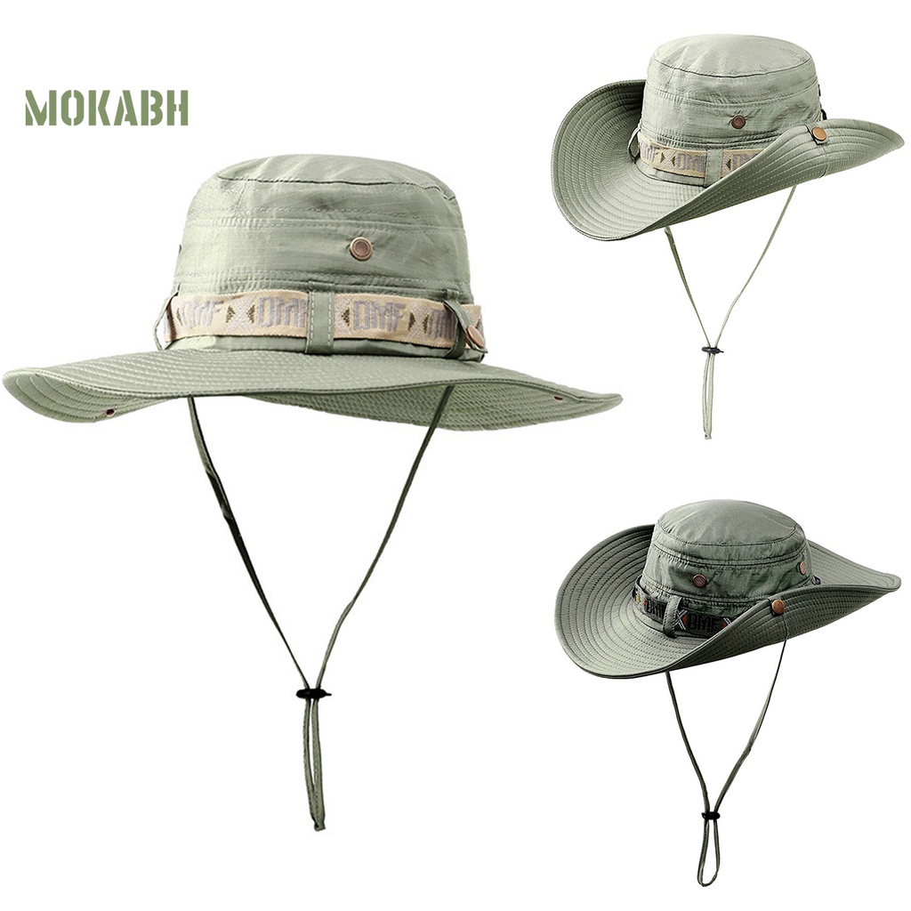 [Mok Abh] Mũ Cao Bồi Rộng Vành Chống Tia UV Viền Xoăn Màu Trơn Có Dây Có Thể Điều Chỉnh Được Phong Cách Vintage Cho Nam