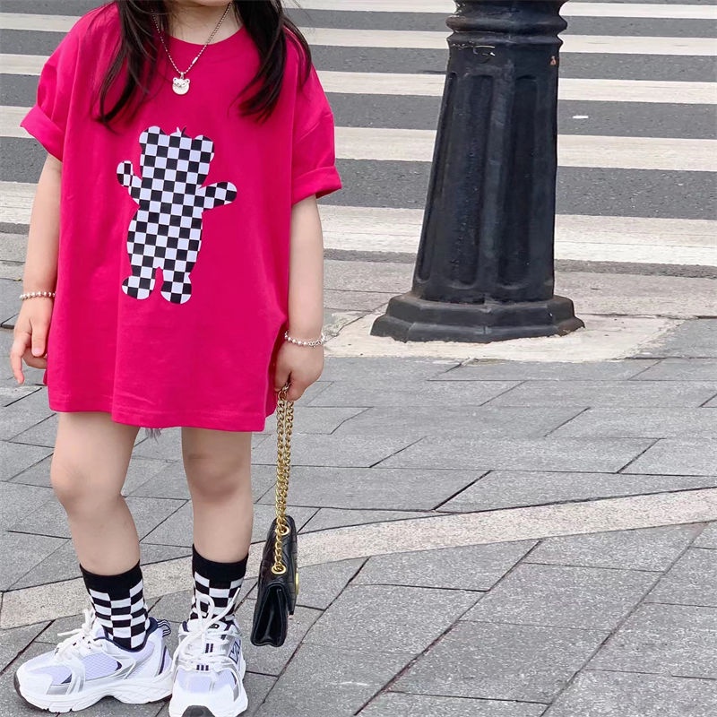 Áo Thun Cotton Màu Trơn Tay Ngắn Dáng Rộng In Họa Tiết Hoạt Hình Phong Cách Hàn Quốc Thời Trang Mùa Hè 2023 Cho Bé Gái