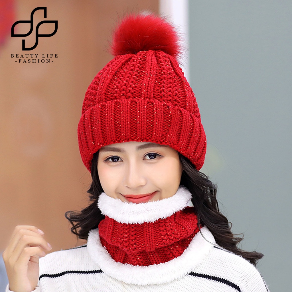 Set Mũ beanie Kèm Khăn Choàng Cổ Giữ Ấm Chống Lạnh Thời Trang Thu Đông Cho Nữ