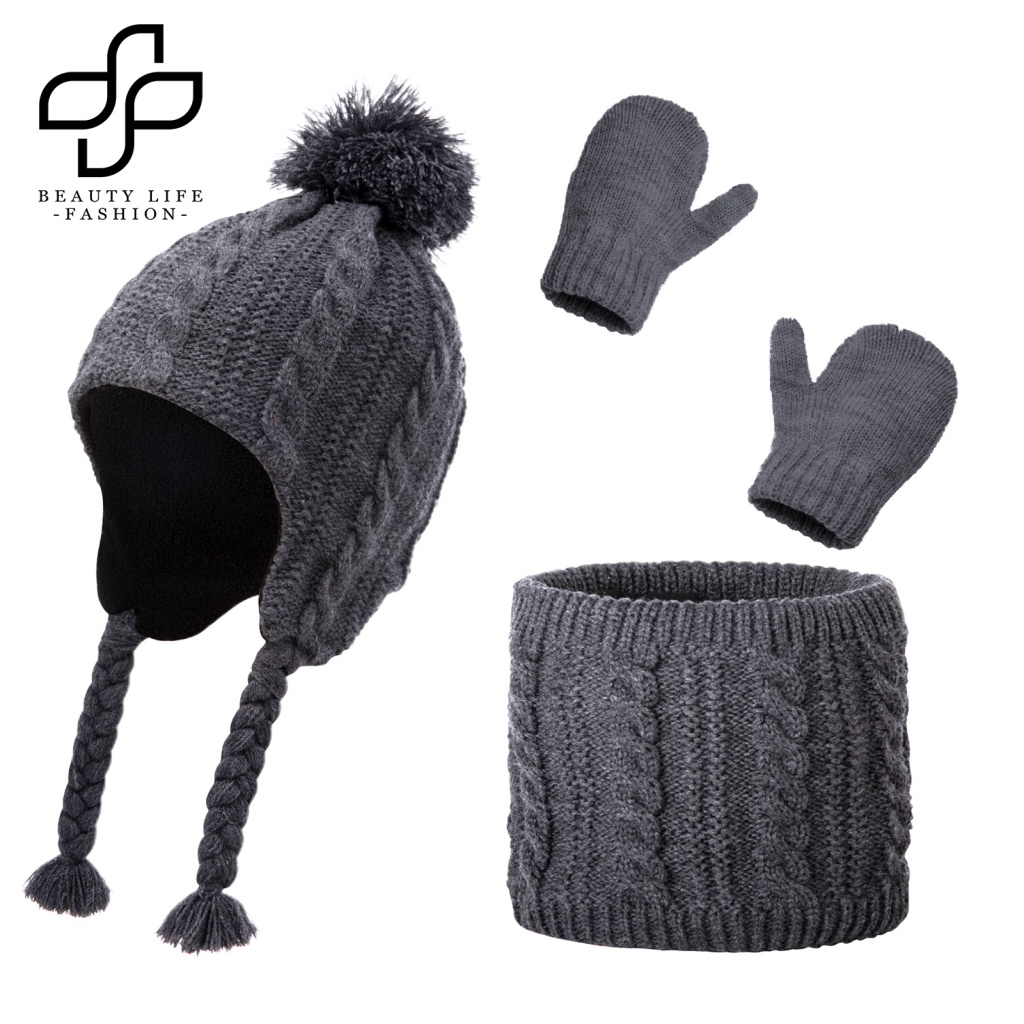 1 Bộ Nón Và Găng Tay Len Dệt Kim Đính Bóng Lông Cho Bé 2-5 Tuổi