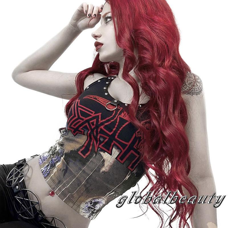 Áo Croptop Sát Nách Hở Lưng In Họa Tiết Đầu Lâu Đính Đinh Tán Phong Cách Gothic Thời Trang Mùa Hè Cho Nữ