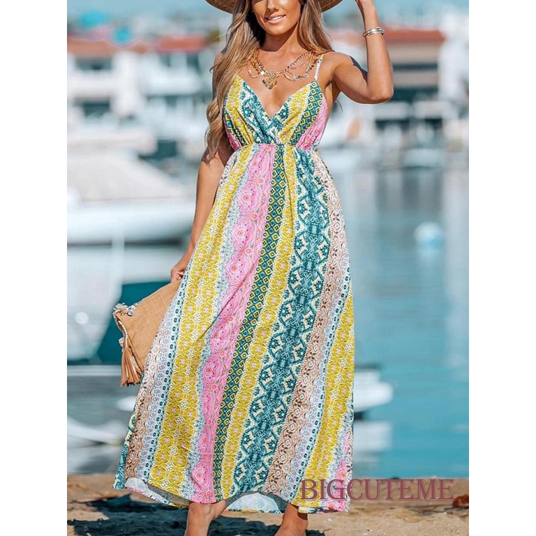 Đầm Dài Không Tay Cổ Chữ V In Họa Tiết Thời Trang Mùa Hè Cho Nữ