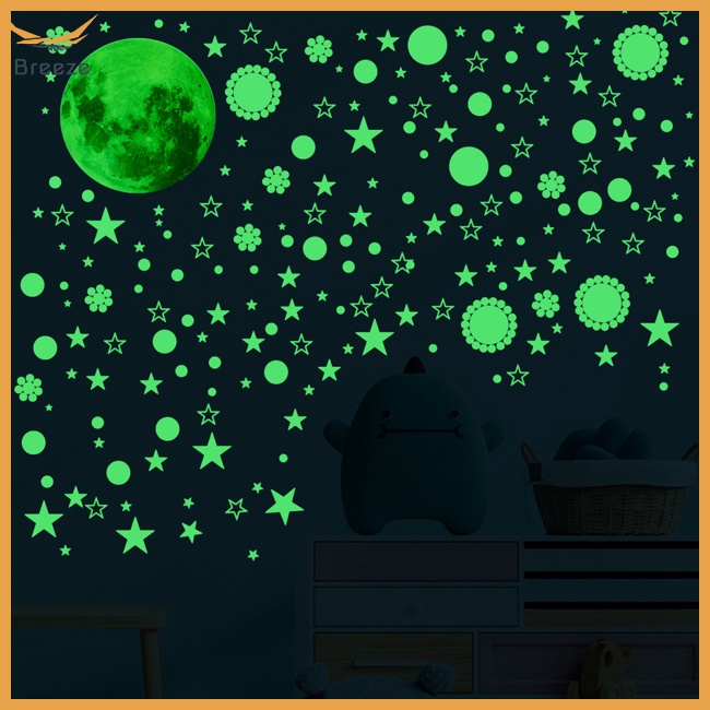 Bộ 3 Miếng Dán Tường Dạ Quang Tự Dính Hình Trăng Sao Trang Trí Phòng Bé Gái