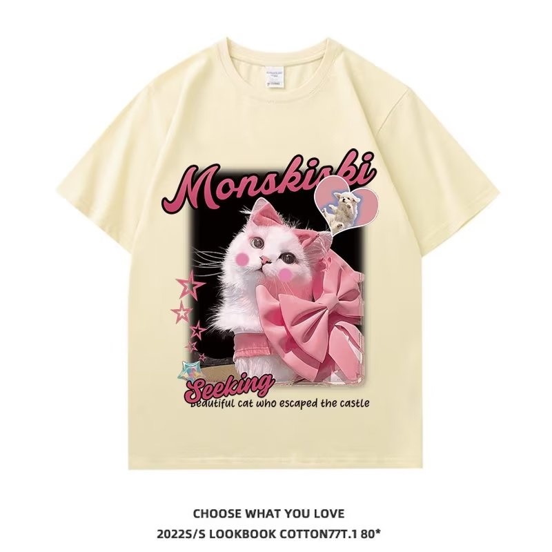 Áo Thun Ngắn Tay Dáng Rộng In Hình Mèo Thời Trang Mùa Hè Cá Tính