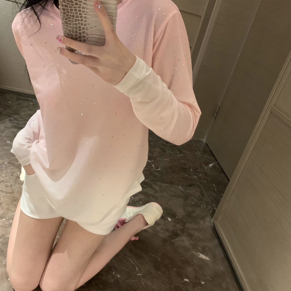 JMDF MiuMiu 23 spring and summer New dizzy printing full hot diamond decorative design fashion all-match round neck long sleeve sunscreen clothing