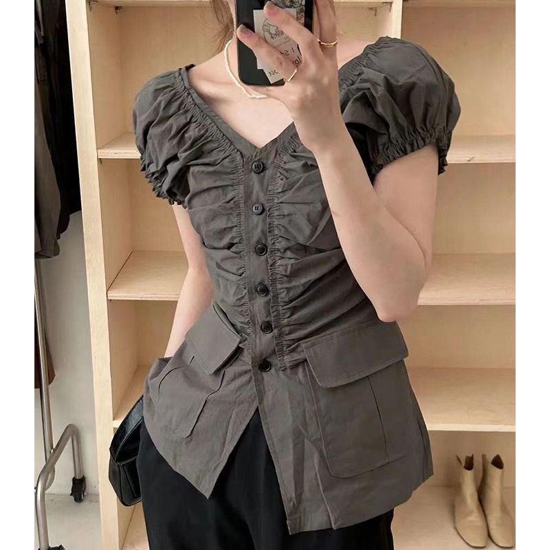 Áo Sơ Mi Không Tay Cổ Chữ V Xếp Ly Cài Khuy Thời Trang Mùa Hè Cao Cấp